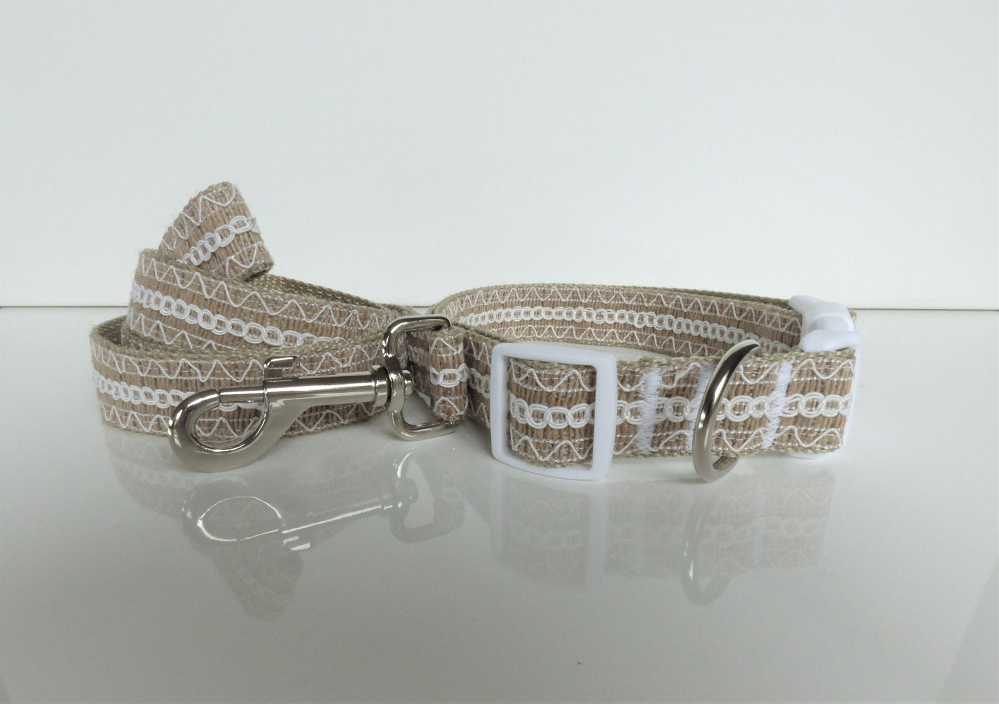 White Trim Wedding Dog Collar with Leash