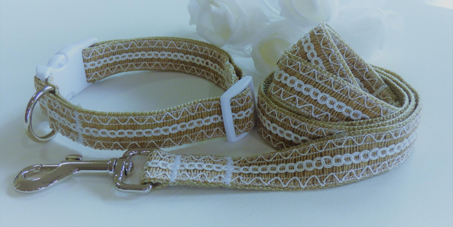 Burlap Wedding Dog Collar and Leash Set: Boho White Trim