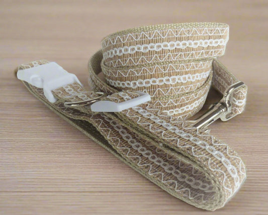 Burlap Wedding Dog Collar and Leash Set: Boho White Trim