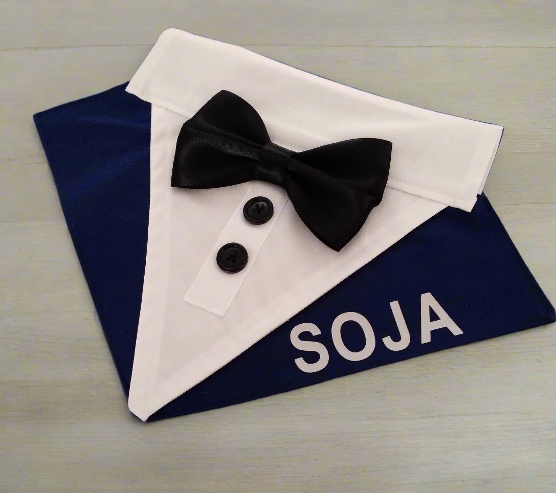 Classic Dog Wedding Tuxedo Bandana, Custom Personalised, Slides Over Collar