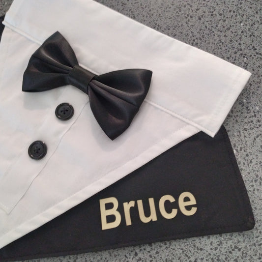 Dog Wedding Tuxedo Bandana, Slides Over Collar with Personalised Name, Custom Colours, Small to XL