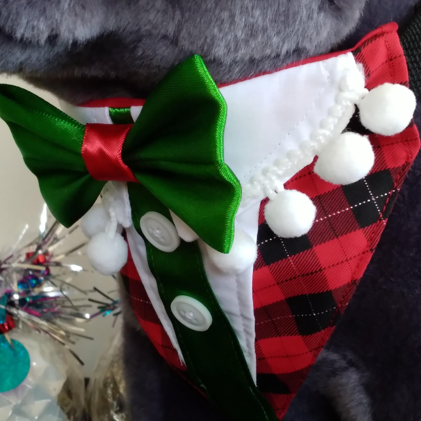 Christmas Elf Dog Bandana in Red Tartan that Slides over Collar