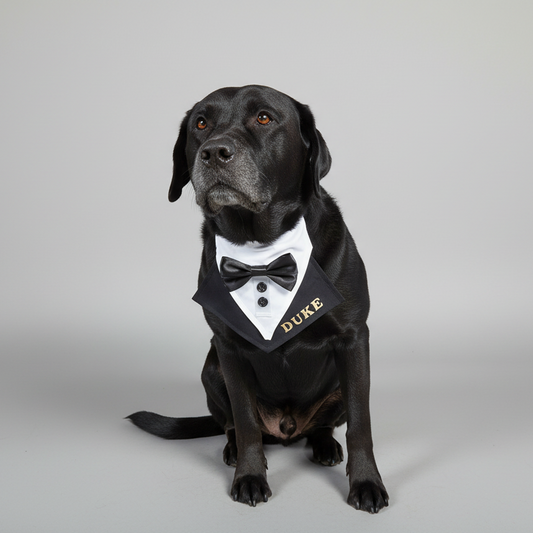 Classic Dog Wedding Tuxedo Bandana, Custom Personalised, Slides Over Collar