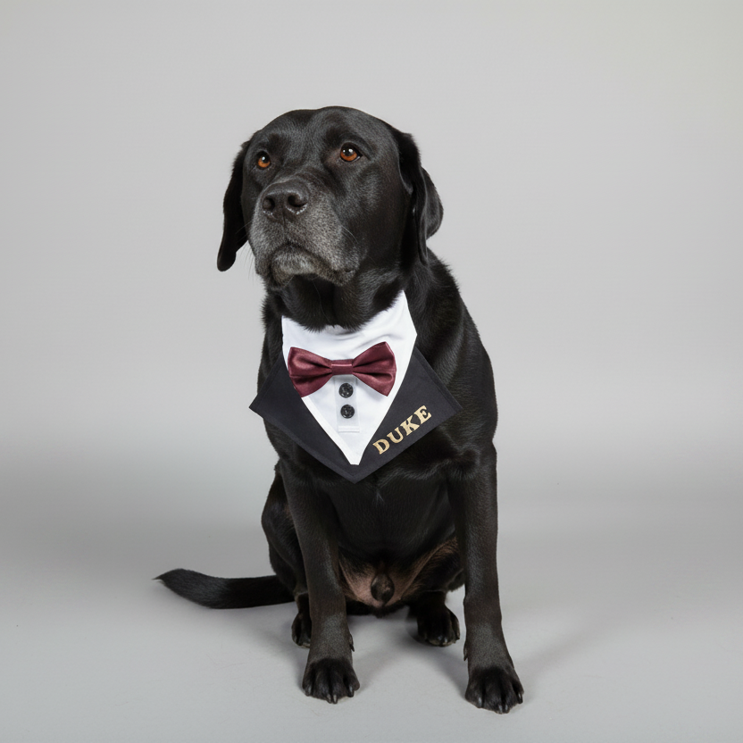 Classic Dog Wedding Tuxedo Bandana, Custom Personalised, Slides Over Collar