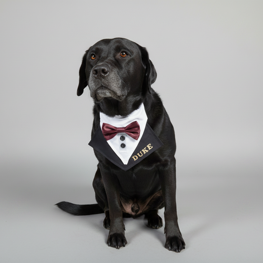 Classic Dog Wedding Tuxedo Bandana, Custom Personalised, Slides Over Collar