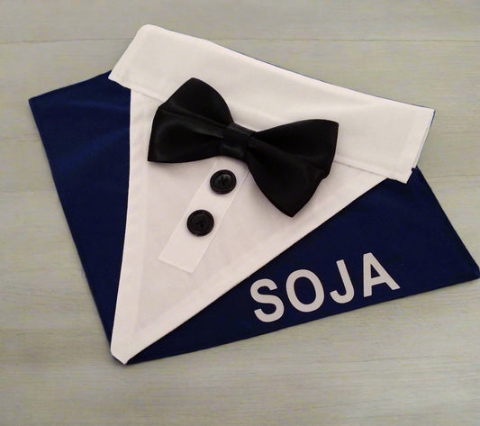 Formal Dog Tuxedo Bandana with Dog's Name, Wedding Dog Tuxedo, Personalised, Slides Over Collar, Choose Tuxedo and Bowtie Colours, S to XL