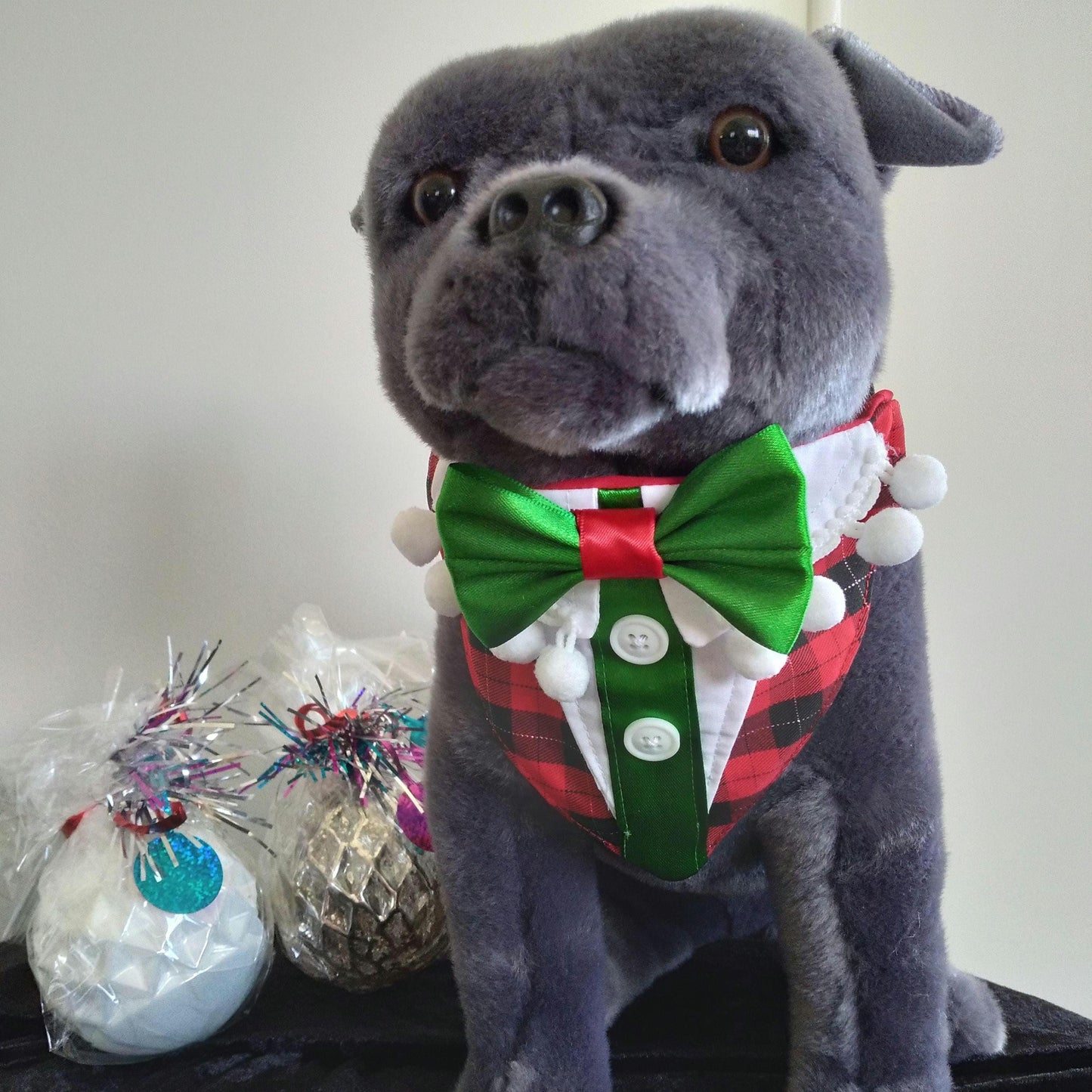 Christmas Elf Dog Bandana in Red Tartan that Slides over Collar