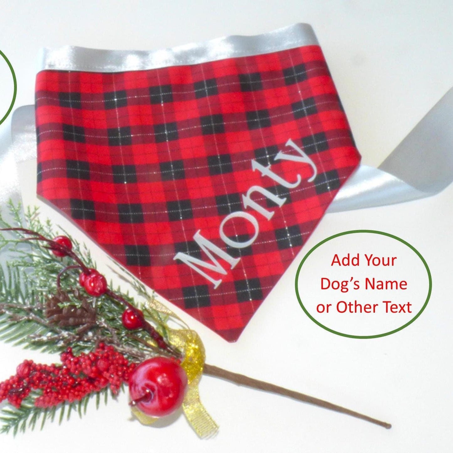 Red Christmas Tartan Dog Bandana with Silver Satin Ties & Optional Dog's Name