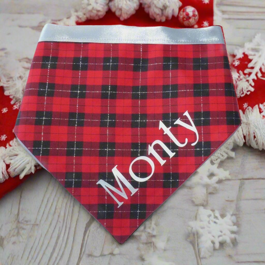 Red Christmas Tartan Dog Bandana with Silver Satin Ties & Optional Dog's Name