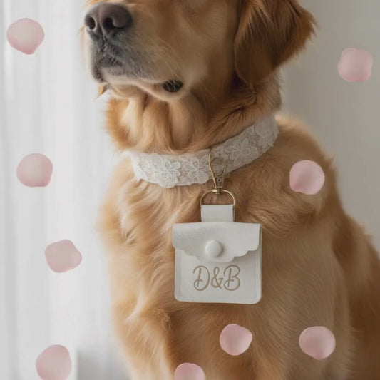Personalized Dog Wedding Ring Bearer Pouch, Faux Leather, Choose, Clips to Collar in Silver or Gold
